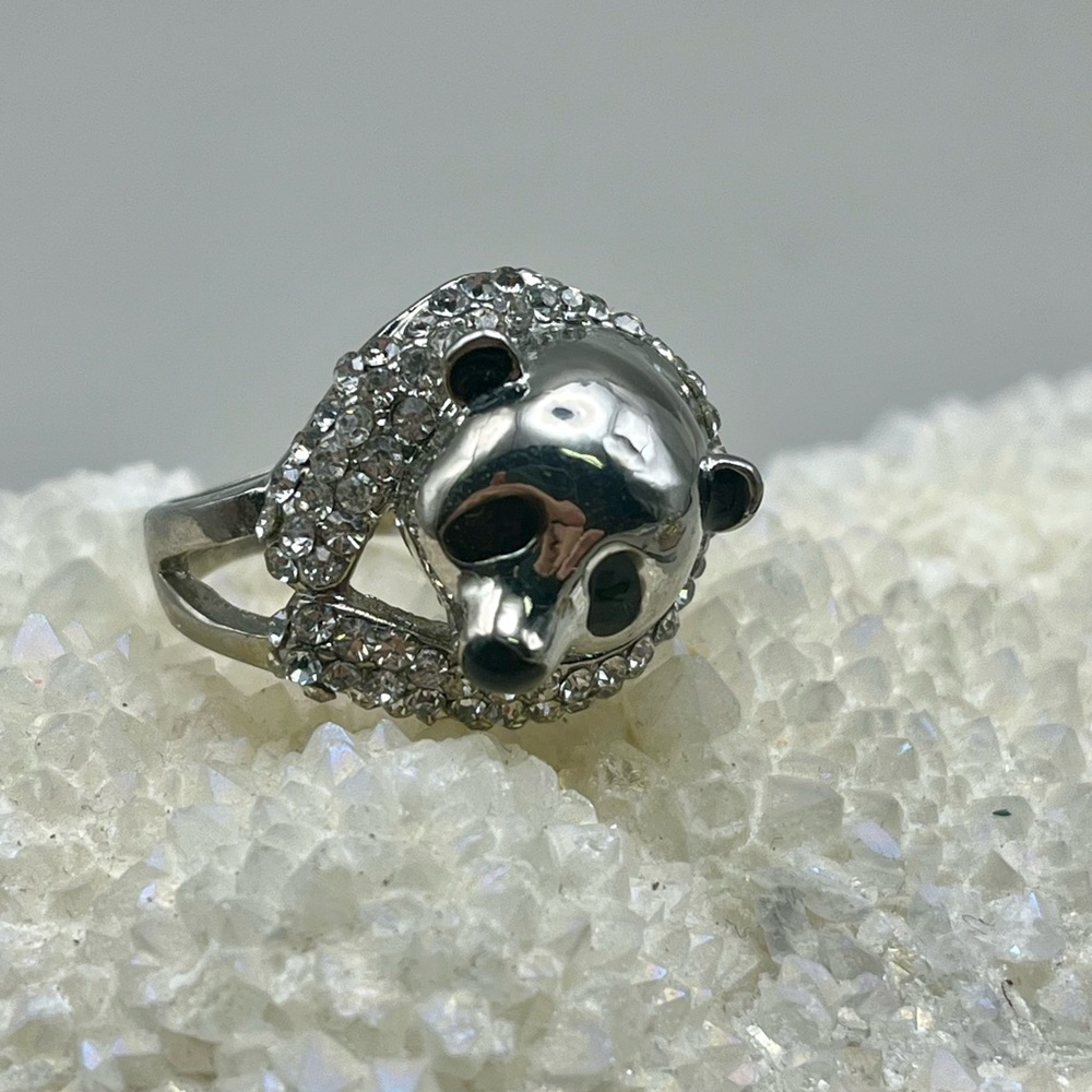 Silver Tone Pave CZ Panda Skull Ring -Statement Jewelry Edgy Fashion Accessory
